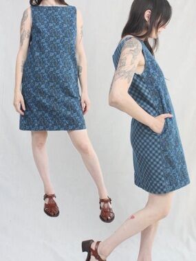 No.6 Store Blue Brown Daisy Floral Gingham Shift Dress - Size Small